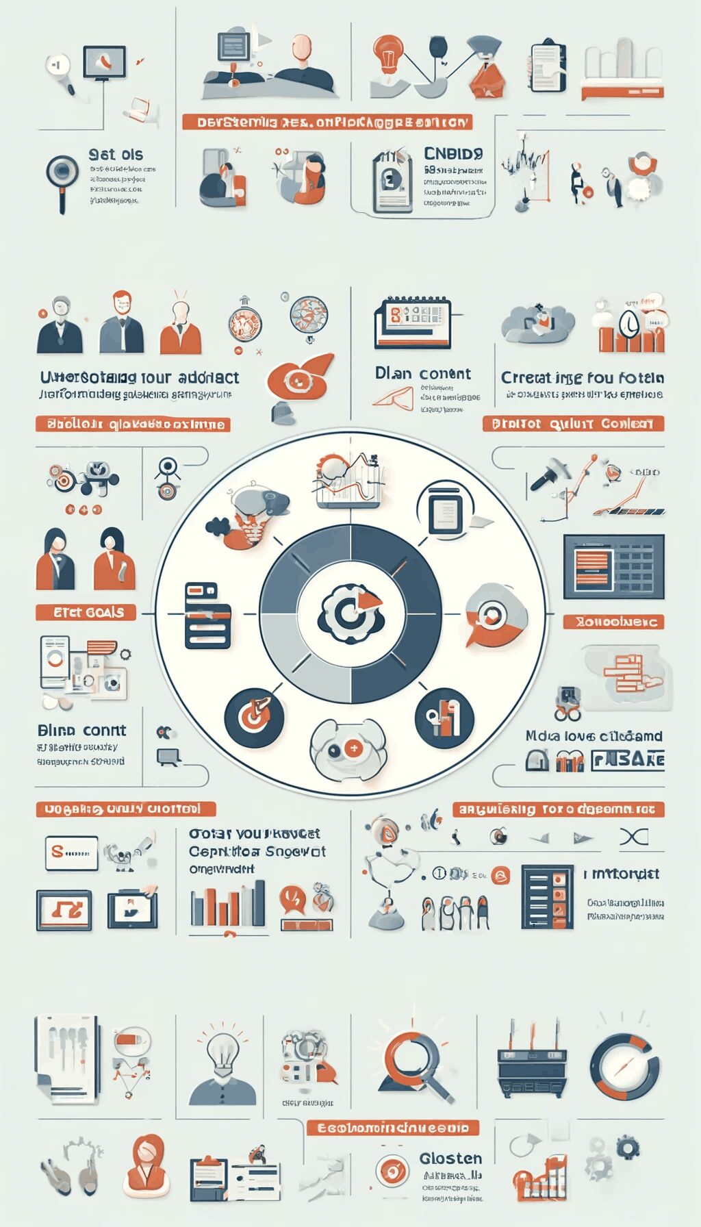 infographic illustrating the key components of a content marketing strategy. The visual elements include sections for setting goals, understanding your audience, auditing content, planning content, creating quality content, sharing content, optimizing for SEO, engaging your audience, and measuring results.